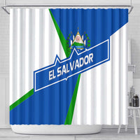 El Salvador Flag Crest Shower Curtain with Blue Green Stripes and Bold Letter Design - Wonder Print Shop
