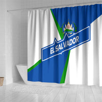 El Salvador Flag Crest Shower Curtain with Blue Green Stripes and Bold Letter Design - Wonder Print Shop