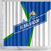 El Salvador Flag Crest Shower Curtain with Blue Green Stripes and Bold Letter Design - Wonder Print Shop