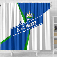 El Salvador Flag Crest Shower Curtain with Blue Green Stripes and Bold Letter Design - Wonder Print Shop