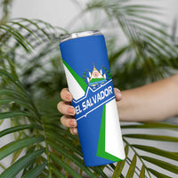 El Salvador Flag Crest Skinny Tumbler with Blue Green Stripes and Bold Letter Design - Wonder Print Shop