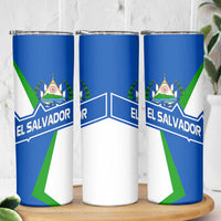 El Salvador Flag Crest Skinny Tumbler with Blue Green Stripes and Bold Letter Design - Wonder Print Shop