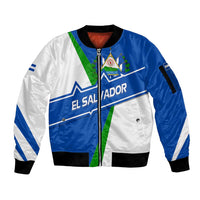 El Salvador Flag Crest Sleeve Zip Bomber Jacket with Blue Green Stripes and Bold Letter Design - Wonder Print Shop