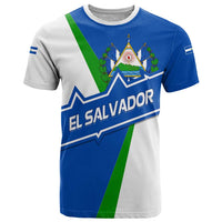 El Salvador Flag Crest T Shirt with Blue Green Stripes and Bold Letter Design - Wonder Print Shop