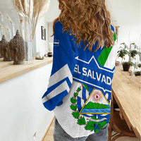 El Salvador Flag Crest Women Casual Shirt with Blue Green Stripes and Bold Letter Design - Wonder Print Shop
