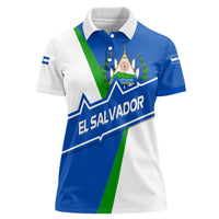 El Salvador Flag Crest Women Polo Shirt with Blue Green Stripes and Bold Letter Design - Wonder Print Shop