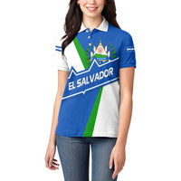 El Salvador Flag Crest Women Polo Shirt with Blue Green Stripes and Bold Letter Design - Wonder Print Shop
