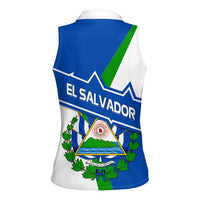 El Salvador Flag Crest Women Sleeveless Polo Shirt with Blue Green Stripes and Bold Letter Design - Wonder Print Shop