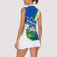 El Salvador Flag Crest Women Sleeveless Polo Shirt with Blue Green Stripes and Bold Letter Design - Wonder Print Shop