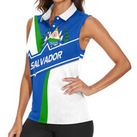 El Salvador Flag Crest Women Sleeveless Polo Shirt with Blue Green Stripes and Bold Letter Design - Wonder Print Shop