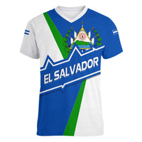El Salvador Flag Crest Women V-Neck T-Shirt with Blue Green Stripes and Bold Letter Design - Wonder Print Shop
