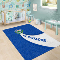 El Salvador Coat of Arms Area Rug with Curved Text and Blue Patterned Background - Wonder Print Shop