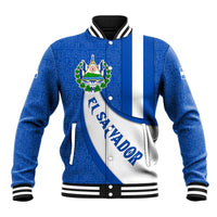 El Salvador Coat of Arms Baseball Jacket with Curved Text and Blue Patterned Background - Wonder Print Shop