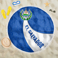 El Salvador Coat of Arms Beach Blanket with Curved Text and Blue Patterned Background - Wonder Print Shop
