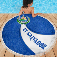 El Salvador Coat of Arms Beach Blanket with Curved Text and Blue Patterned Background - Wonder Print Shop