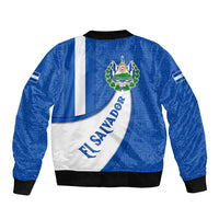 El Salvador Coat of Arms Bomber Jacket with Curved Text and Blue Patterned Background - Wonder Print Shop