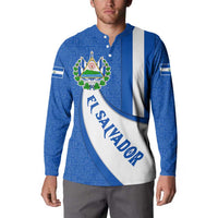 El Salvador Coat of Arms Button Sweatshirt with Curved Text and Blue Patterned Background - Wonder Print Shop