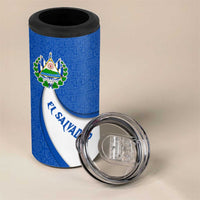 El Salvador Coat of Arms 4 in 1 Can Cooler Tumbler with Curved Text and Blue Patterned Background - Wonder Print Shop