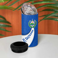 El Salvador Coat of Arms 4 in 1 Can Cooler Tumbler with Curved Text and Blue Patterned Background - Wonder Print Shop