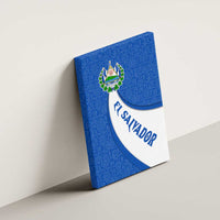 El Salvador Coat of Arms Canvas Wall Art with Curved Text and Blue Patterned Background - Wonder Print Shop