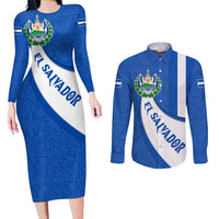 El Salvador Coat of Arms Couples Matching Long Sleeve Bodycon Dress and Long Sleeve Button Shirt with Curved Text and Blue Patterned Background - Wonder Print Shop