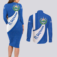 El Salvador Coat of Arms Couples Matching Long Sleeve Bodycon Dress and Long Sleeve Button Shirt with Curved Text and Blue Patterned Background - Wonder Print Shop