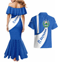 El Salvador Coat of Arms Couples Matching Mermaid Dress and Hawaiian Shirt with Curved Text and Blue Patterned Background - Wonder Print Shop