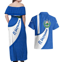 El Salvador Coat of Arms Couples Matching Off Shoulder Maxi Dress and Hawaiian Shirt with Curved Text and Blue Patterned Background - Wonder Print Shop