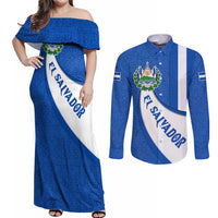 El Salvador Coat of Arms Couples Matching Off Shoulder Maxi Dress and Long Sleeve Button Shirt with Curved Text and Blue Patterned Background - Wonder Print Shop