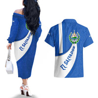 El Salvador Coat of Arms Couples Matching Off The Shoulder Long Sleeve Dress and Hawaiian Shirt with Curved Text and Blue Patterned Background - Wonder Print Shop
