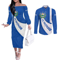 El Salvador Coat of Arms Couples Matching Off The Shoulder Long Sleeve Dress and Long Sleeve Button Shirt with Curved Text and Blue Patterned Background - Wonder Print Shop