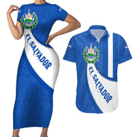 El Salvador Coat of Arms Couples Matching Short Sleeve Bodycon Dress and Hawaiian Shirt with Curved Text and Blue Patterned Background - Wonder Print Shop