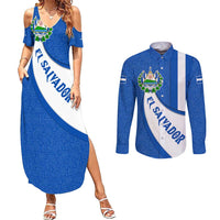El Salvador Coat of Arms Couples Matching Summer Maxi Dress and Long Sleeve Button Shirt with Curved Text and Blue Patterned Background - Wonder Print Shop