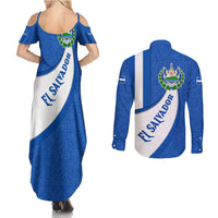 El Salvador Coat of Arms Couples Matching Summer Maxi Dress and Long Sleeve Button Shirt with Curved Text and Blue Patterned Background - Wonder Print Shop