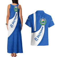 El Salvador Coat of Arms Couples Matching Tank Maxi Dress and Hawaiian Shirt with Curved Text and Blue Patterned Background - Wonder Print Shop