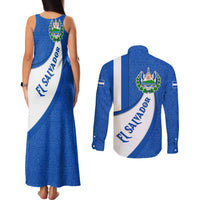 El Salvador Coat of Arms Couples Matching Tank Maxi Dress and Long Sleeve Button Shirt with Curved Text and Blue Patterned Background - Wonder Print Shop