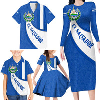 El Salvador Coat of Arms Family Matching Long Sleeve Bodycon Dress and Hawaiian Shirt with Curved Text and Blue Patterned Background - Wonder Print Shop