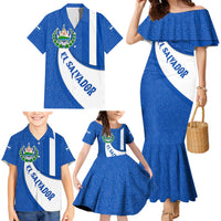 El Salvador Coat of Arms Family Matching Mermaid Dress and Hawaiian Shirt with Curved Text and Blue Patterned Background - Wonder Print Shop