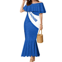 El Salvador Coat of Arms Family Matching Mermaid Dress and Hawaiian Shirt with Curved Text and Blue Patterned Background - Wonder Print Shop