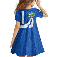 El Salvador Coat of Arms Family Matching Off The Shoulder Long Sleeve Dress and Hawaiian Shirt with Curved Text and Blue Patterned Background - Wonder Print Shop