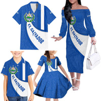 El Salvador Coat of Arms Family Matching Off The Shoulder Long Sleeve Dress and Hawaiian Shirt with Curved Text and Blue Patterned Background - Wonder Print Shop