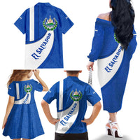 El Salvador Coat of Arms Family Matching Off The Shoulder Long Sleeve Dress and Hawaiian Shirt with Curved Text and Blue Patterned Background - Wonder Print Shop