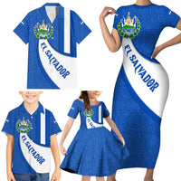 El Salvador Coat of Arms Family Matching Short Sleeve Bodycon Dress and Hawaiian Shirt with Curved Text and Blue Patterned Background - Wonder Print Shop