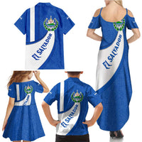 El Salvador Coat of Arms Family Matching Summer Maxi Dress and Hawaiian Shirt with Curved Text and Blue Patterned Background - Wonder Print Shop