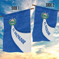 El Salvador Coat of Arms Garden Flag with Curved Text and Blue Patterned Background - Wonder Print Shop