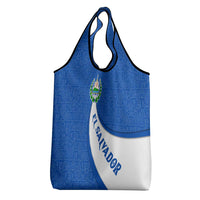 El Salvador Coat of Arms Grocery Bag with Curved Text and Blue Patterned Background - Wonder Print Shop