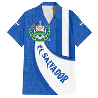 El Salvador Coat of Arms Hawaiian Shirt with Curved Text and Blue Patterned Background - Wonder Print Shop