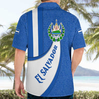 El Salvador Coat of Arms Hawaiian Shirt with Curved Text and Blue Patterned Background - Wonder Print Shop