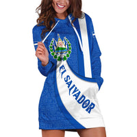 El Salvador Coat of Arms Hoodie Dress with Curved Text and Blue Patterned Background - Wonder Print Shop