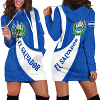 El Salvador Coat of Arms Hoodie Dress with Curved Text and Blue Patterned Background - Wonder Print Shop